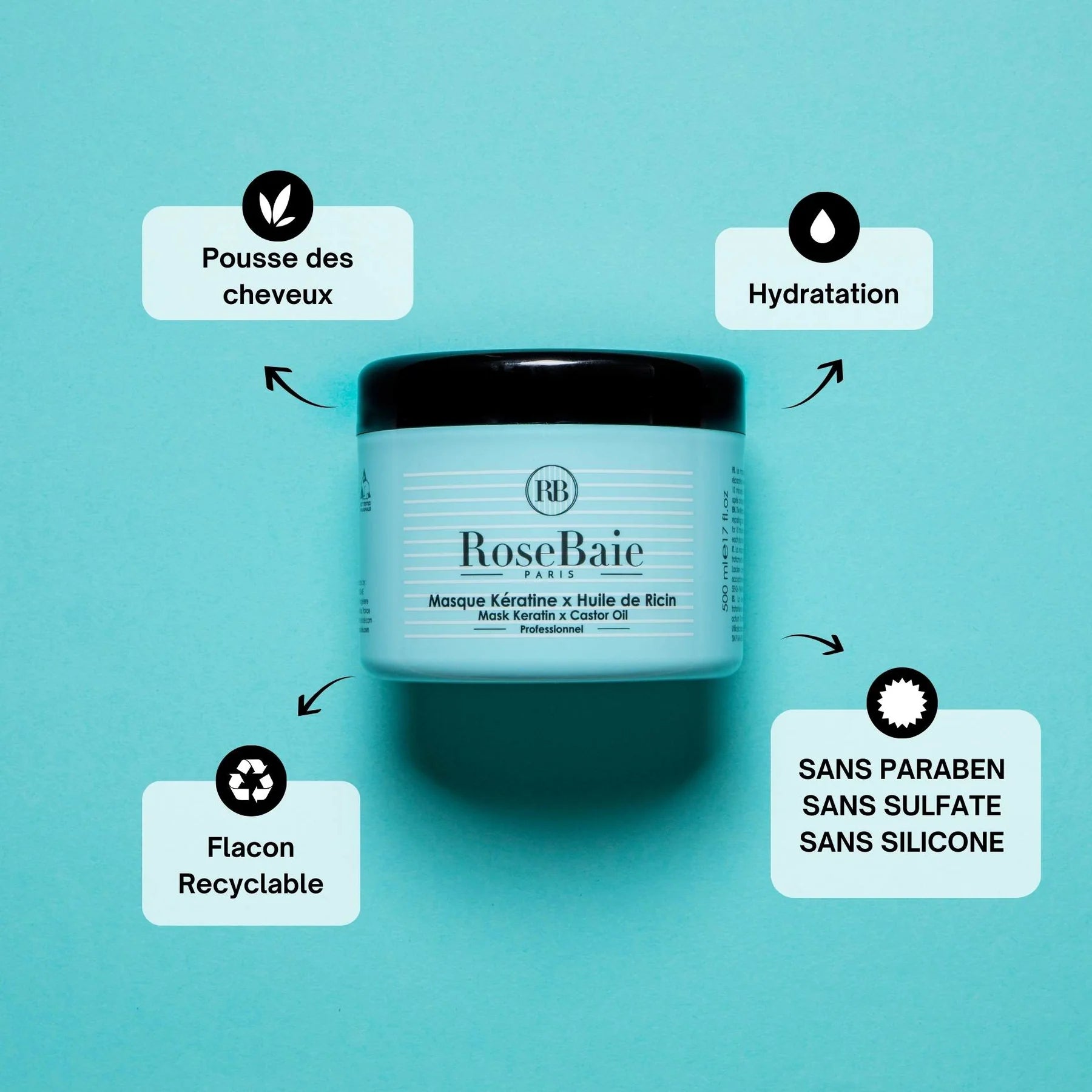 Lot de 6 masque 500ml keratin et huile de ricin RoseBaie — Liss Cosmétique