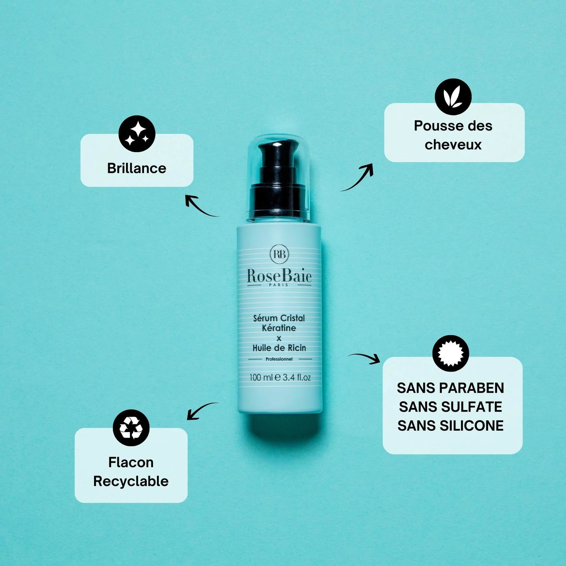 Serum RoseBaie Keratine et huile de ricin 100ml — Liss Cosmétique